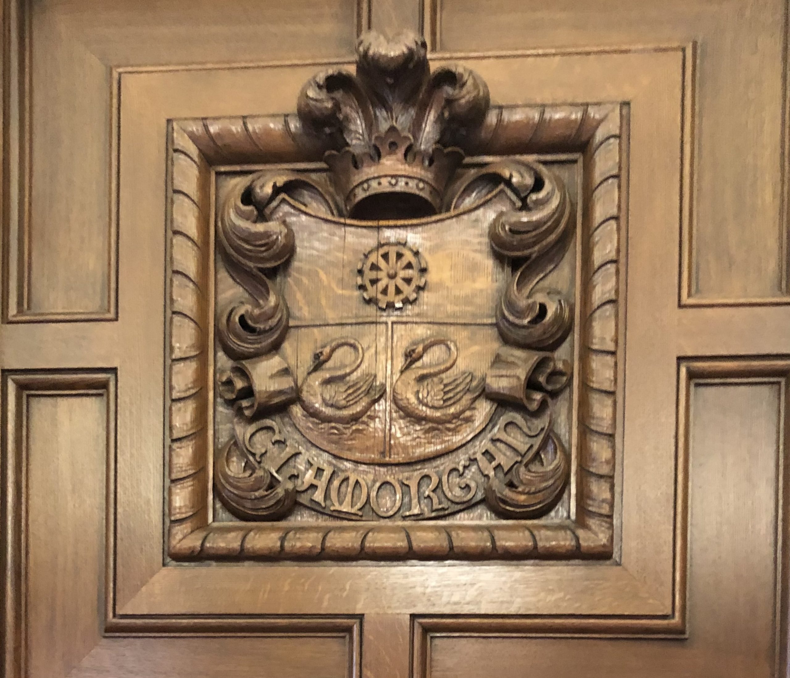 Glamorgan crest carved in woodwork